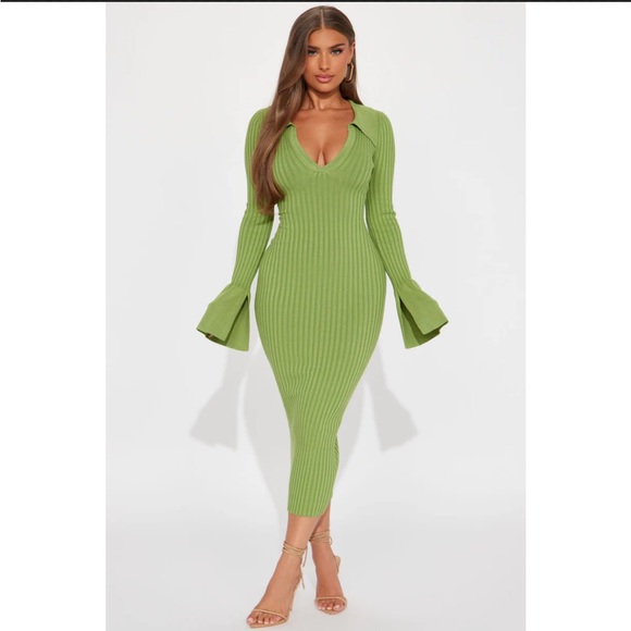 Fashion Nova Fallon Sweater Midi Dress - Green - Picture 1 of 2